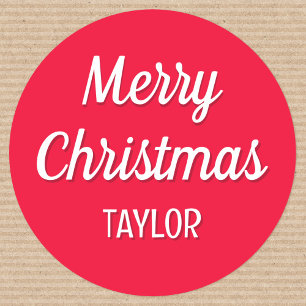 Red Retro Christmas Personalised Name Classic Round Sticker