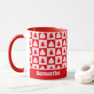 Red Retro Christmas Tree Red Tartan Plaid Mug