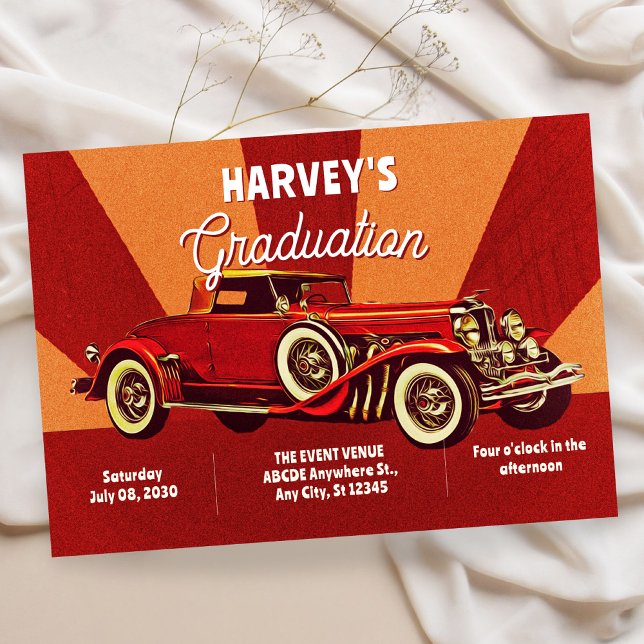 Red retro classic car graduation invitation (Creator Uploaded)