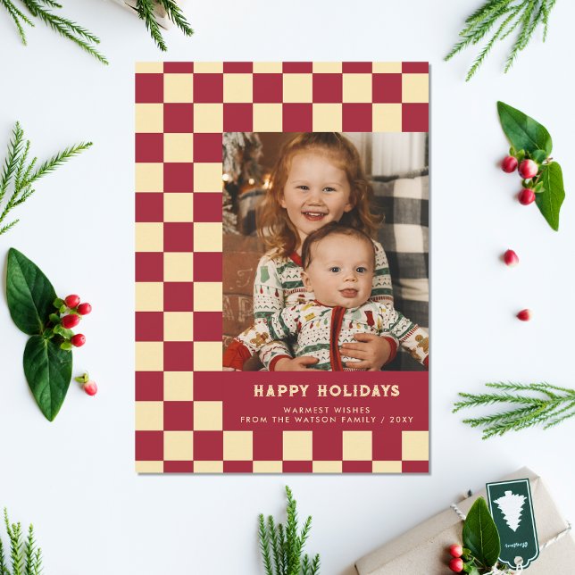 Red Retro Groovy Chequered Happy Holidays Photo Holiday Card (Red Retro Groovy Checkered Happy Holidays Photo Holiday Card)