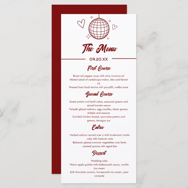 Red Retro Groovy Disco 70s Wedding Menu (Front/Back)