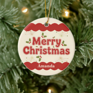 Red Retro Groovy Merry Christmas Ceramic Ornament