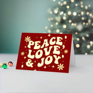 Red Retro Groovy Peace Love Joy Christmas Foil Holiday Card