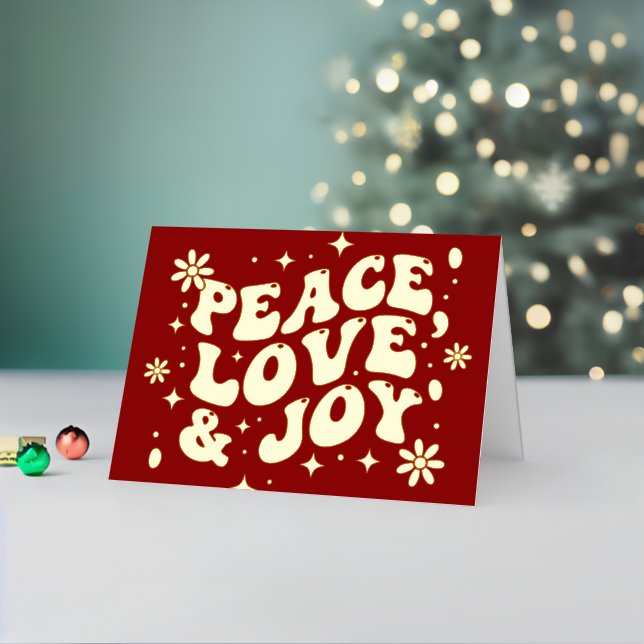 Red Retro Groovy Peace Love Joy Christmas Foil Holiday Card (Holiday In Situ 2)