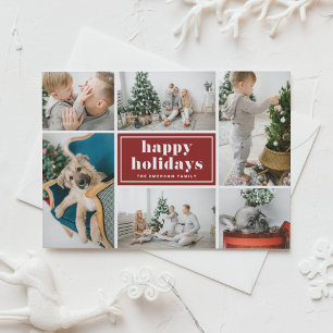 Red Retro Happy Holidays Photo Collage Holiday Card