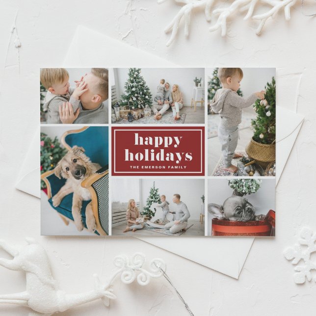 Red Retro Happy Holidays Photo Collage  Holiday Postcard (Creator Uploaded)