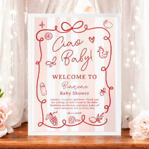 Red Retro Italian Lemon Ciao Baby Shower Welcome Poster
