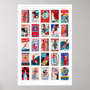 Red Retro matchbox labels wall art, Collage Poster
