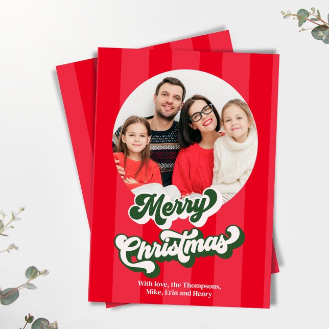 Red Retro Merry Christmas 2 Photo Holiday Card (Merry Christmas retro-style holiday cards. )