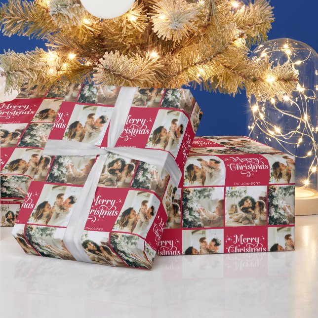 Red Retro Merry Christmas Family 3 Photo Collage Wrapping Paper (Holidays)