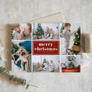 Red Retro Merry Christmas Photo Collage Foil Holiday Card