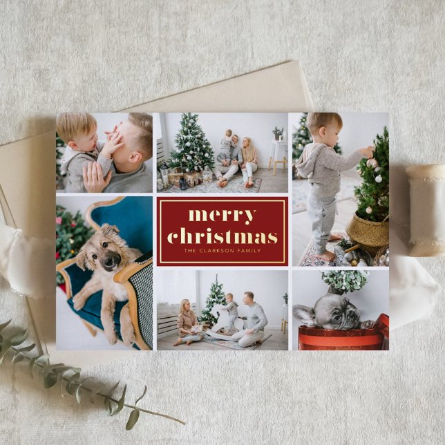 Red Retro Merry Christmas Photo Collage  Foil Holiday Card (Creator Uploaded)