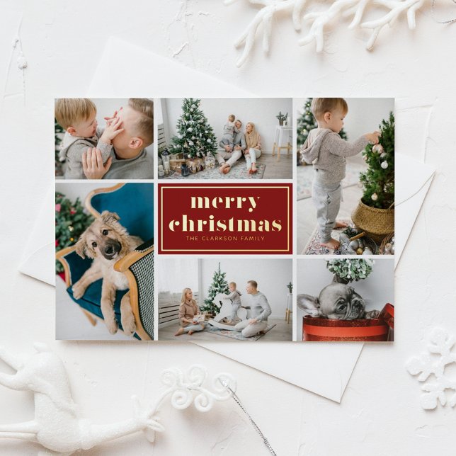Red Retro Merry Christmas Photo Collage  Foil Holiday Postcard (Creator Uploaded)