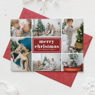 Red Retro Merry Christmas Photo Collage  Holiday Card