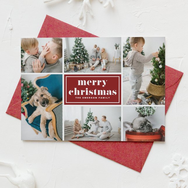 Red Retro Merry Christmas Photo Collage  Holiday Card (Creator Uploaded)