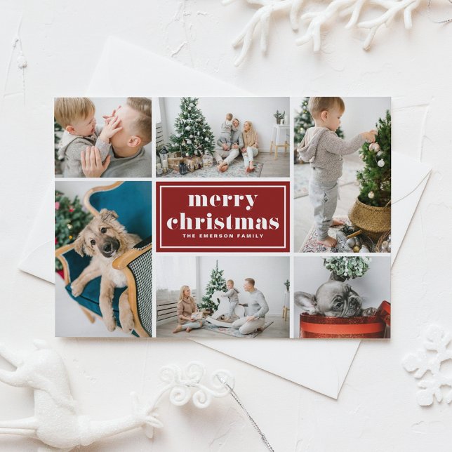 Red Retro Merry Christmas Photo Collage  Holiday Postcard (Creator Uploaded)