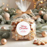 RED RETRO MERRY CHRISTMAS TYPOGRAPHY ON WHITE CLASSIC ROUND STICKER<br><div class="desc">Merry Christmas customisable red retro typography on a custom white background.</div>