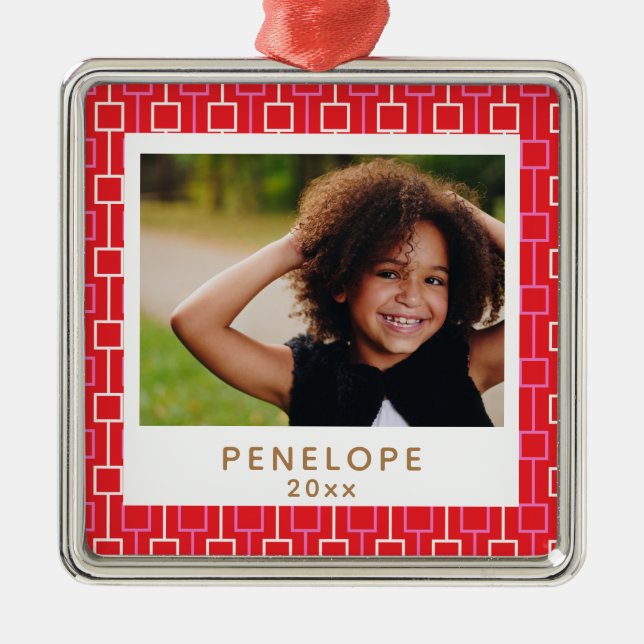 Red Retro Mid Mod Christmas Personalised Photo Metal Ornament (Front)