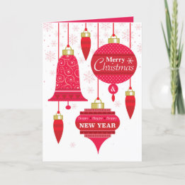 Red Retro Ornaments With Pink Snowflakes On White Holiday Card