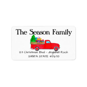 Red Retro Pickup truck with Christmas Gifts Label