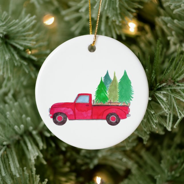 Red retro Pickup Truck with trees Ceramic Ornament (Tree)