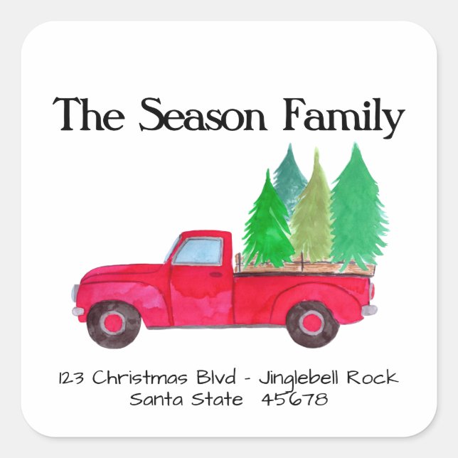 Red retro Pickup Truck with trees Square Sticker (Front)