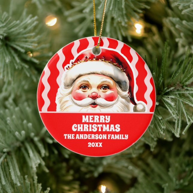 Red Retro Santa Claus Red Ric Rac Christmas Ceramic Ornament (Tree)