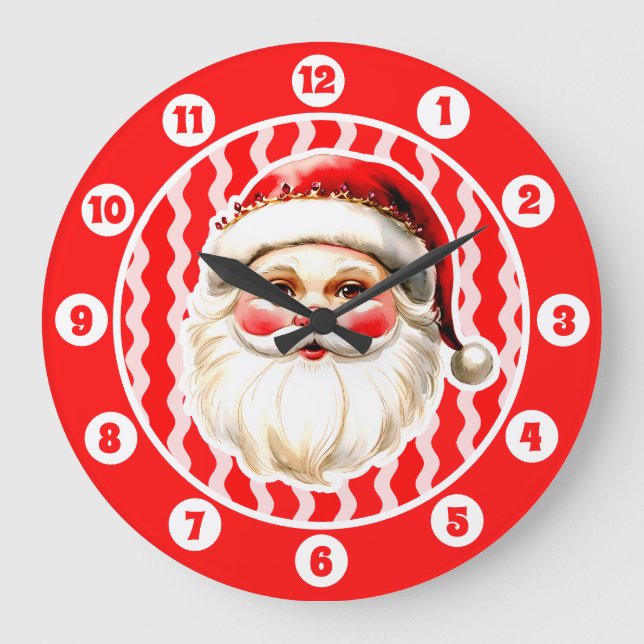 Red Retro Santa Claus Red Ric Rac Christmas Large Clock (Front)