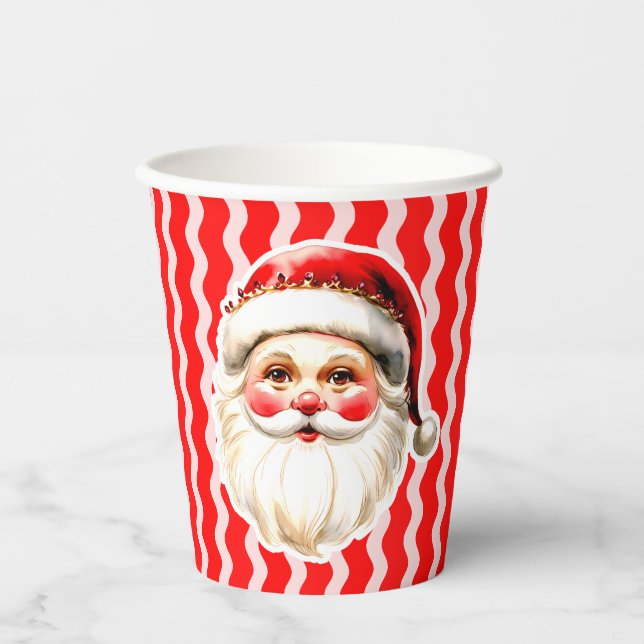 Red Retro Santa Claus Red Ric Rac Christmas Paper Cups (Front)