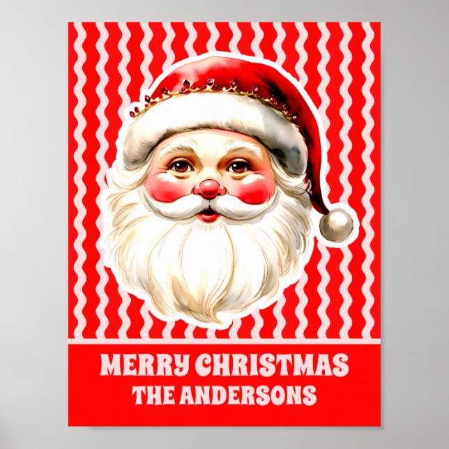 Red Retro Santa Claus Red Ric Rac Family Christmas Poster (Front)