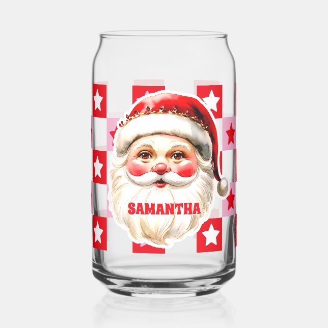 Red Retro Santa Claus Red Tartan Plaid Christmas Can Glass (Left)