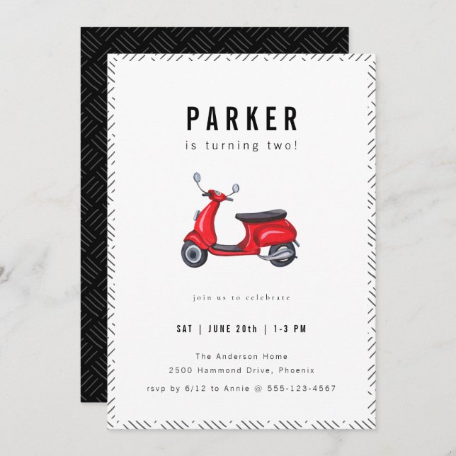 Red Retro Scooter Theme Birthday Party Invitation (Front/Back)