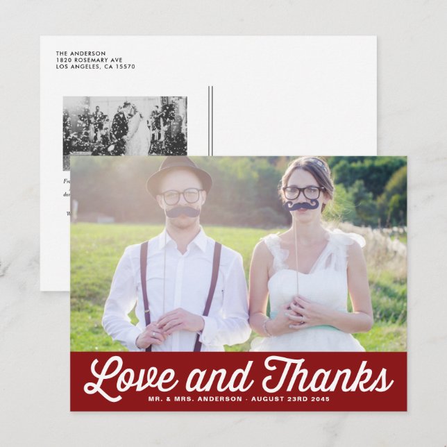 Red Retro Script Photo Wedding Thank You Postcard (Front/Back)