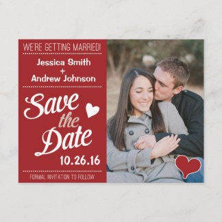 Red Retro Script Wedding Photo Save the Date Card