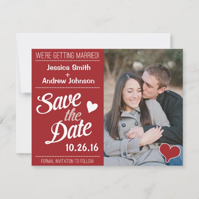 Red Retro Script Wedding Photo Save the Date Card (Front)
