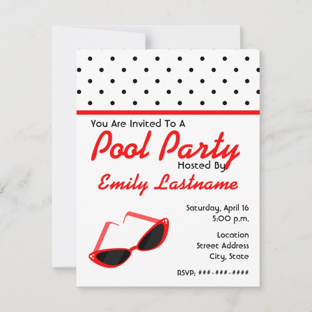 Red Retro Sunglasses / Polka Dots Pool Party Invitation (Front)