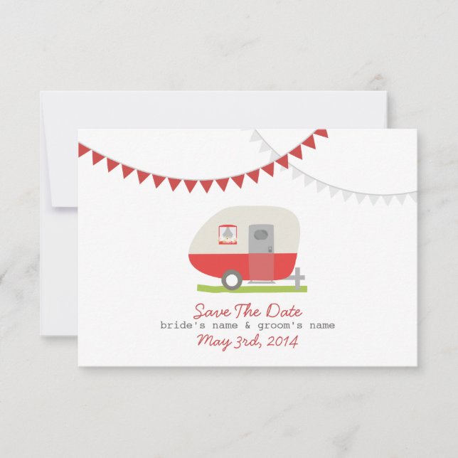Red Retro Trailer & Wedding Save The Date (Front)