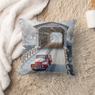 Red Retro Truck and Covered Bridge Cushion