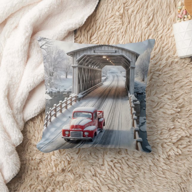 Red Retro Truck and Covered Bridge Cushion (Blanket)