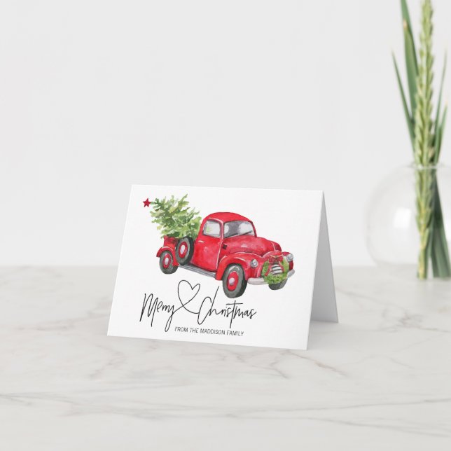 Red Retro Truck Vintage Merry Christmas Greeting Card (Front)