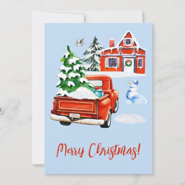 Red Retro Truck with Christmas Tree House Snowman Holiday Card (Front)