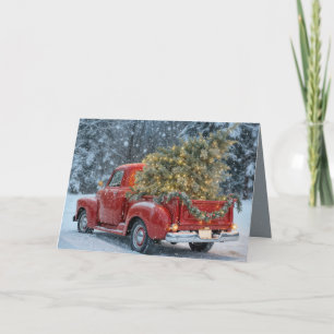 Red Retro Truck With Christmas Tree In Snowflakes Card