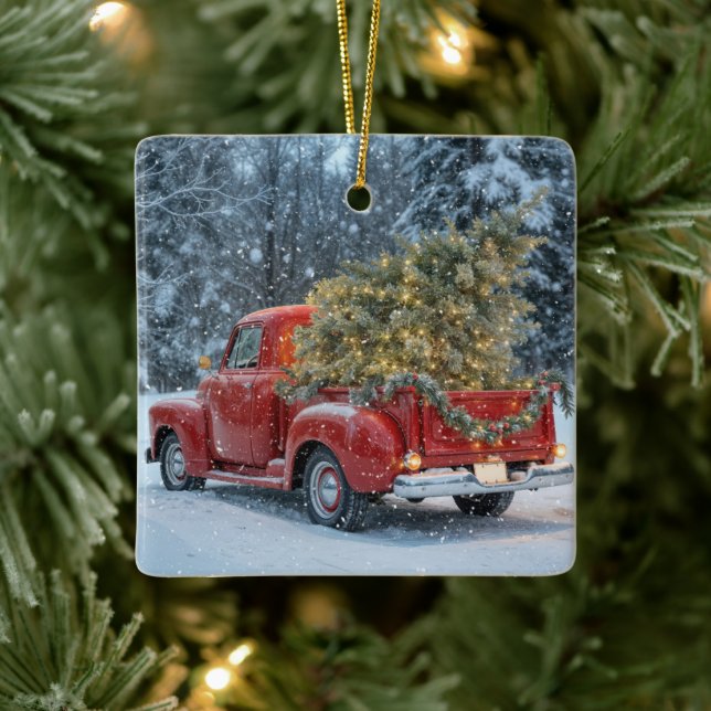 Red Retro Truck With Christmas Tree In Snowflakes Ceramic Ornament (Tree)