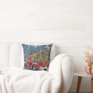 Red Retro Truck With Christmas Tree In Snowflakes Cushion