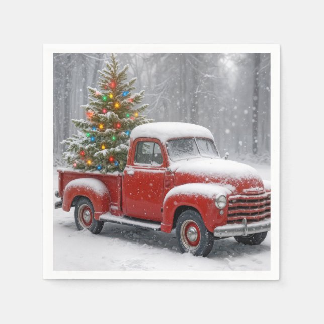 Red Retro Truck With Christmas Tree Napkin (Front)