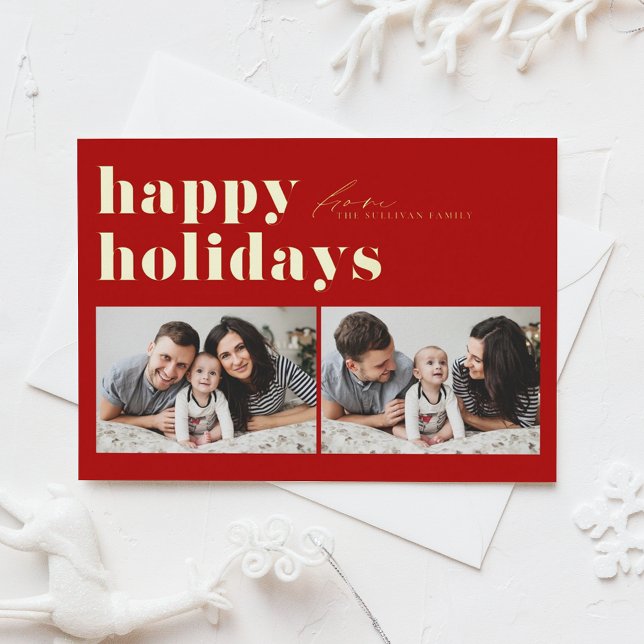 Red Retro Typography Happy Holidays Two Photo Foil Holiday Card (Creator Uploaded)