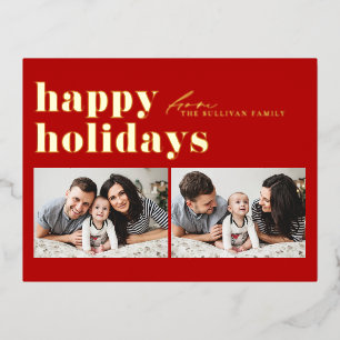 Red Retro Typography Happy Holidays Two Photo Foil Holiday Postcard