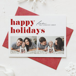 Red Retro Typography Happy Holidays Two Photo Holiday Card