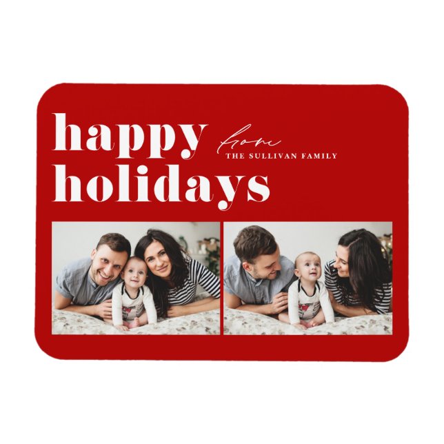 Red Retro Typography Happy Holidays Two Photo Magnet (Horizontal)