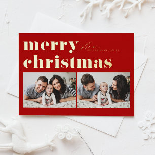 Red Retro Typography Merry Christmas Two Photo Foil Holiday Card